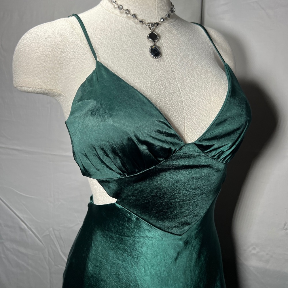 Here Comes The Sun Emerald Green Satin Midi Slip Dress Size S Cutout Cocktail - Picture 15 of 16